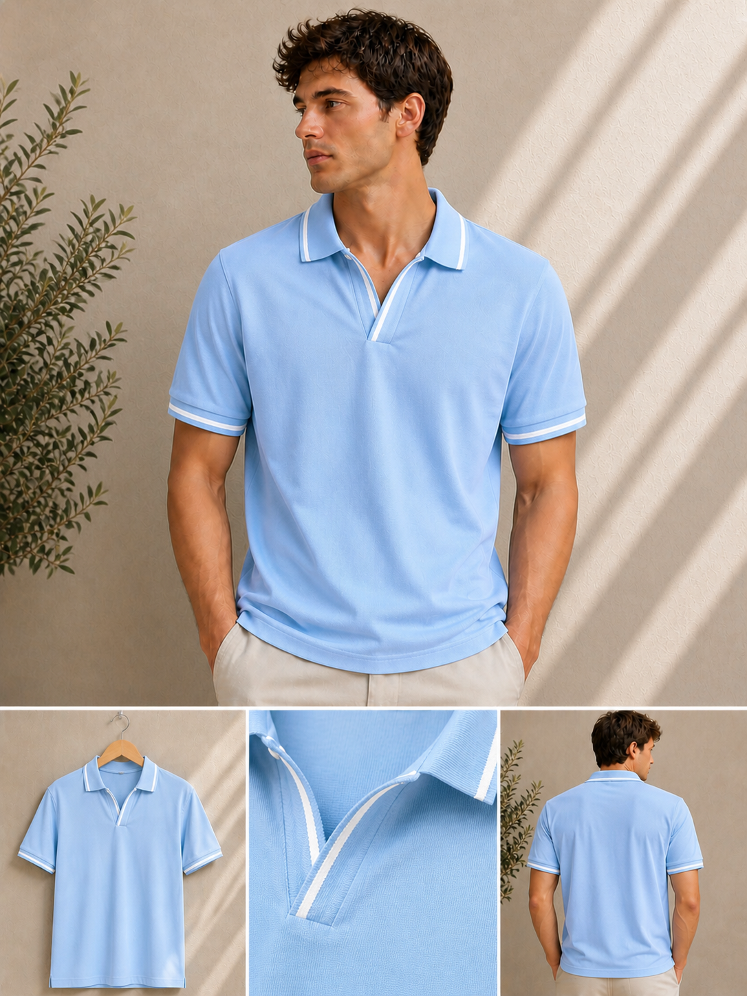 Erkek Polo Yaka Tişört Seti Oversize V Yaka Biyeli Basic Model