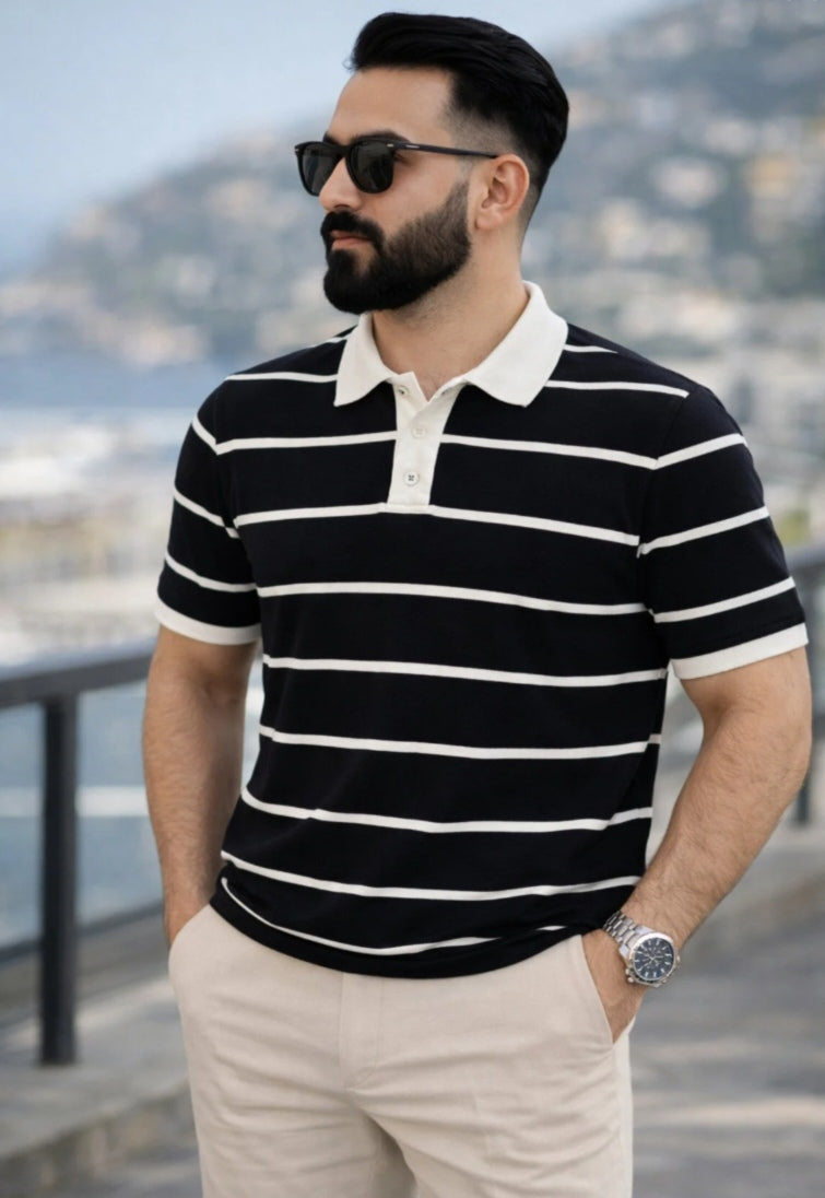 Erkek Çizgili Polo Yaka T-Shirt Slim Fit Pamuklu Günlük & Smart Casual