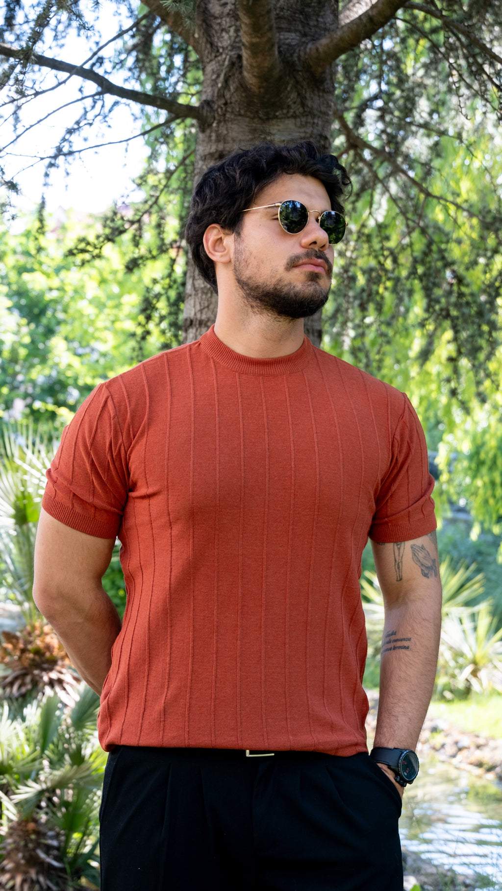 Slim Dar Bisiklet Yaka Düz Triko T-Shirt (Turuncu)