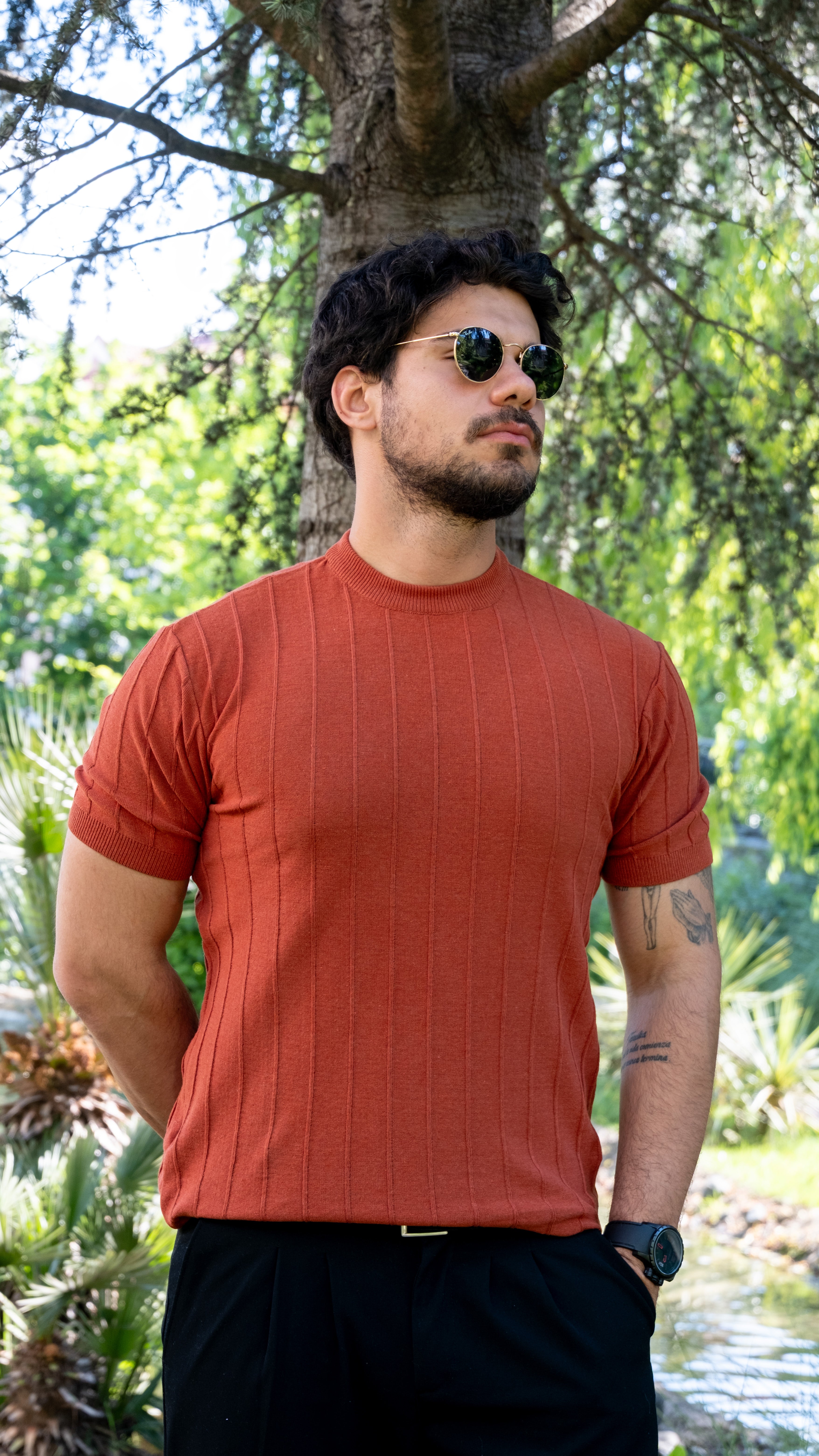 Slim Dar Bisiklet Yaka Düz Triko T-Shirt (Turuncu)