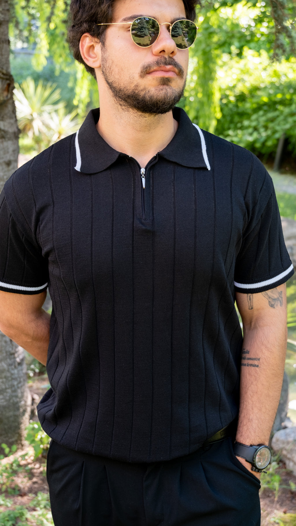Erkek Polo Yaka Fermuar Detaylı Örgü Triko Tshirt (Siyah)
