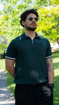 Erkek Polo Yaka Fermuar Detaylı Örgü Triko Tshirt (Yeşil)