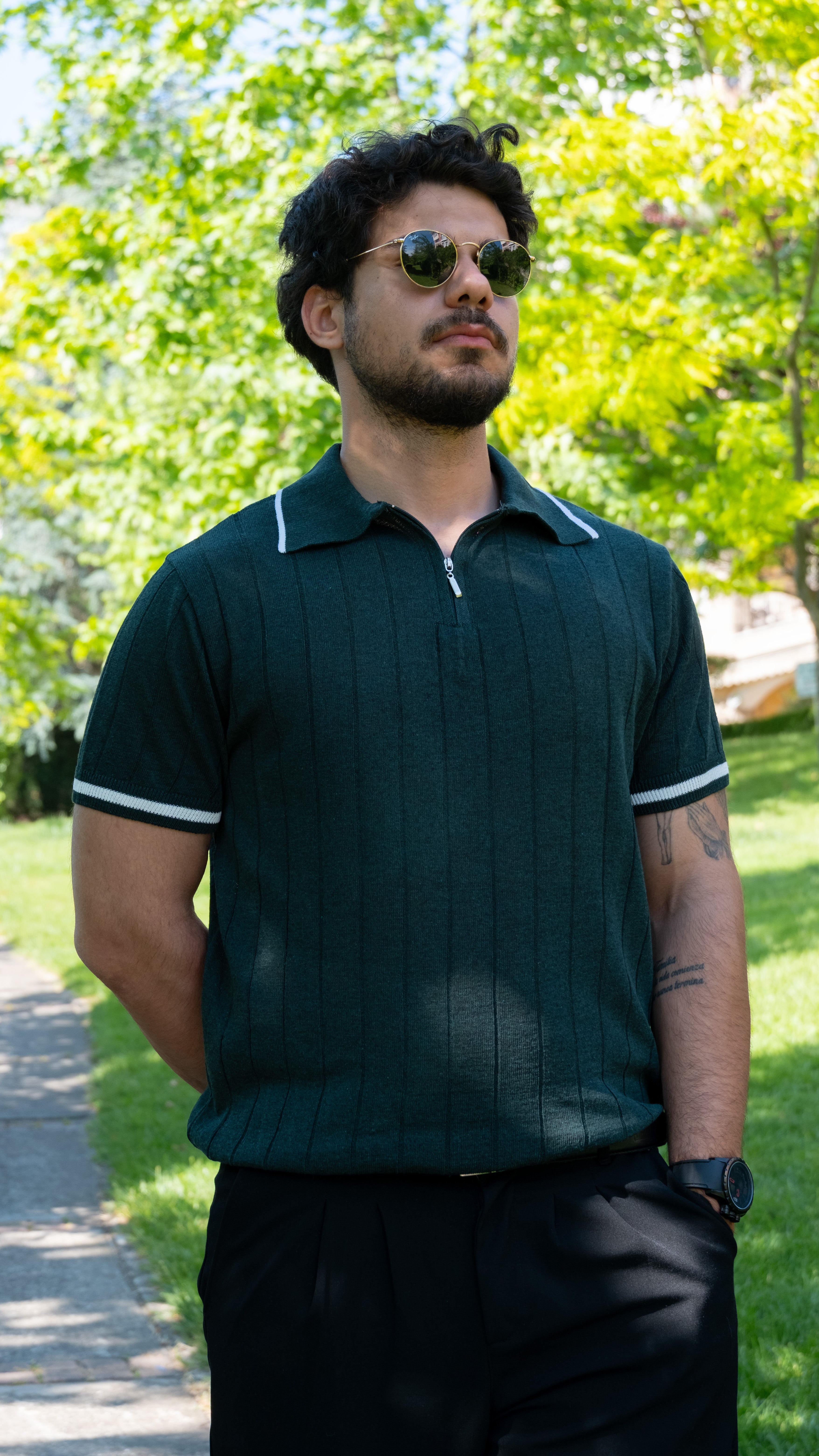 Erkek Polo Yaka Fermuar Detaylı Örgü Triko Tshirt (Yeşil)