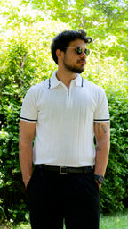Erkek Polo Yaka Fermuar Detaylı Örgü Triko Tshirt (Beyaz)