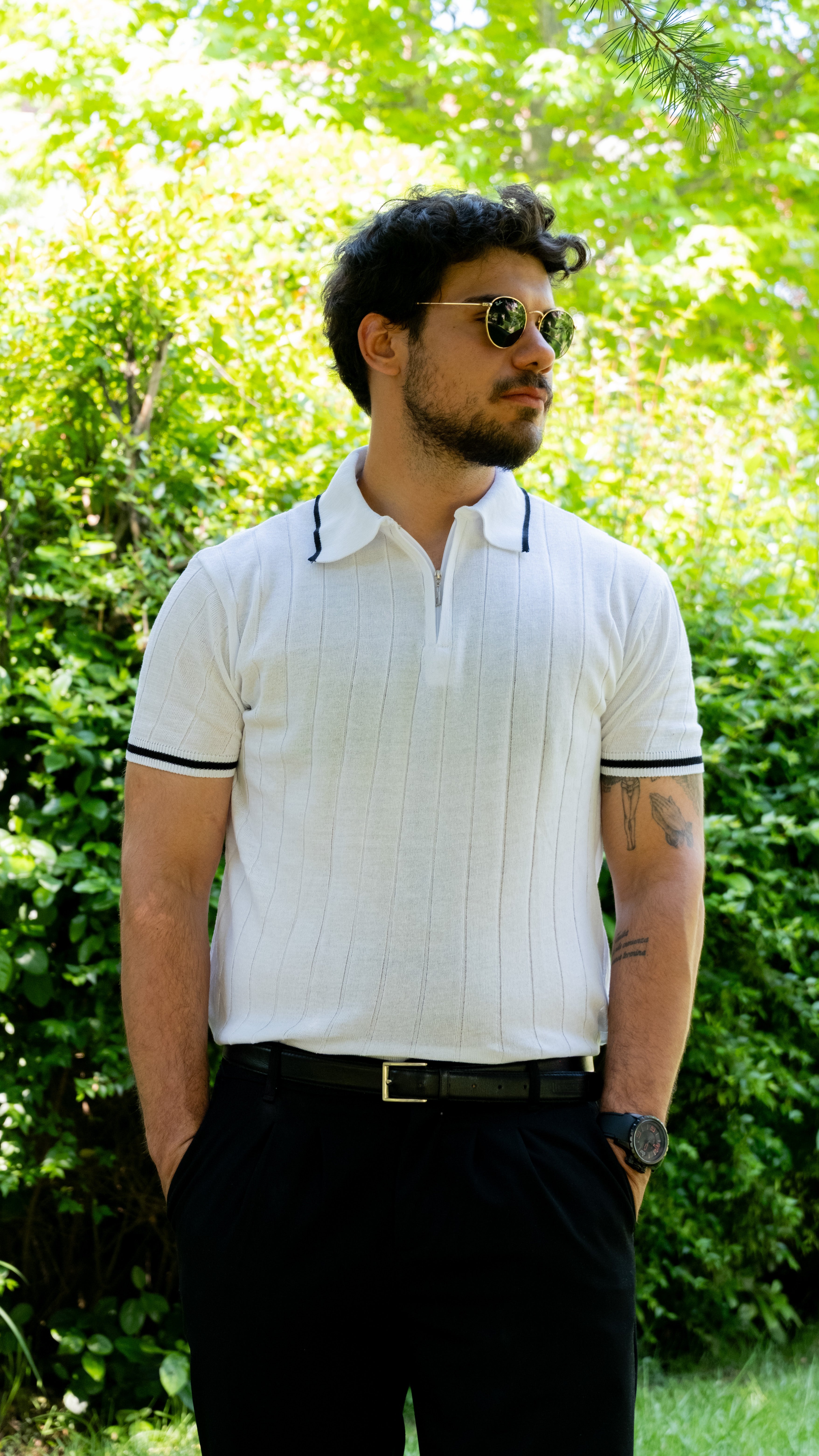 Erkek Polo Yaka Fermuar Detaylı Örgü Triko Tshirt (Beyaz)