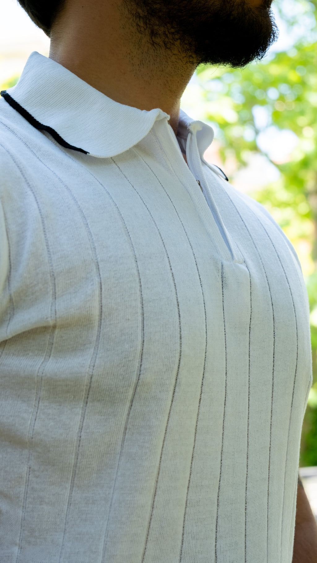 Erkek Polo Yaka Fermuar Detaylı Örgü Triko Tshirt (Beyaz)
