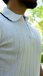 Erkek Polo Yaka Fermuar Detaylı Örgü Triko Tshirt (Beyaz)