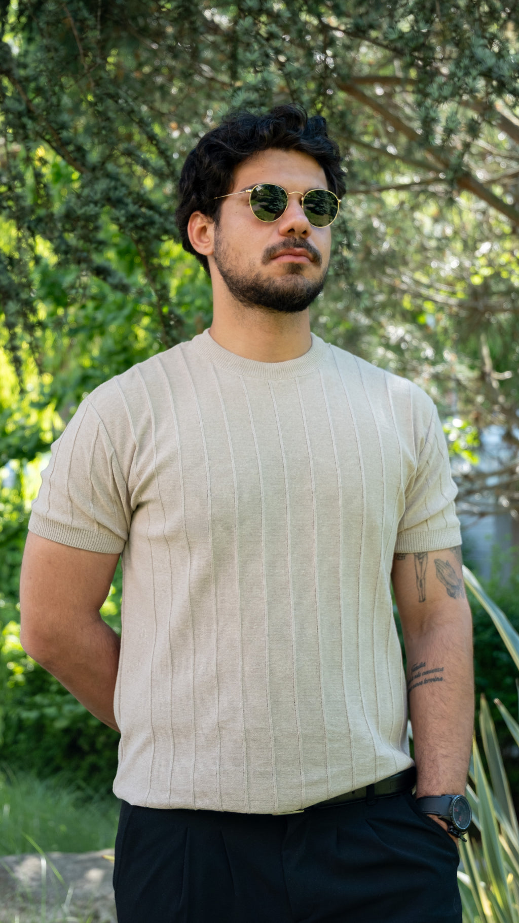 Slim Dar Bisiklet Yaka Düz Triko T-Shirt (Bej)