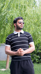 Erkek Çizgili Polo Yaka T-Shirt Slim Fit Pamuklu Günlük & Smart Casual (Siyah)