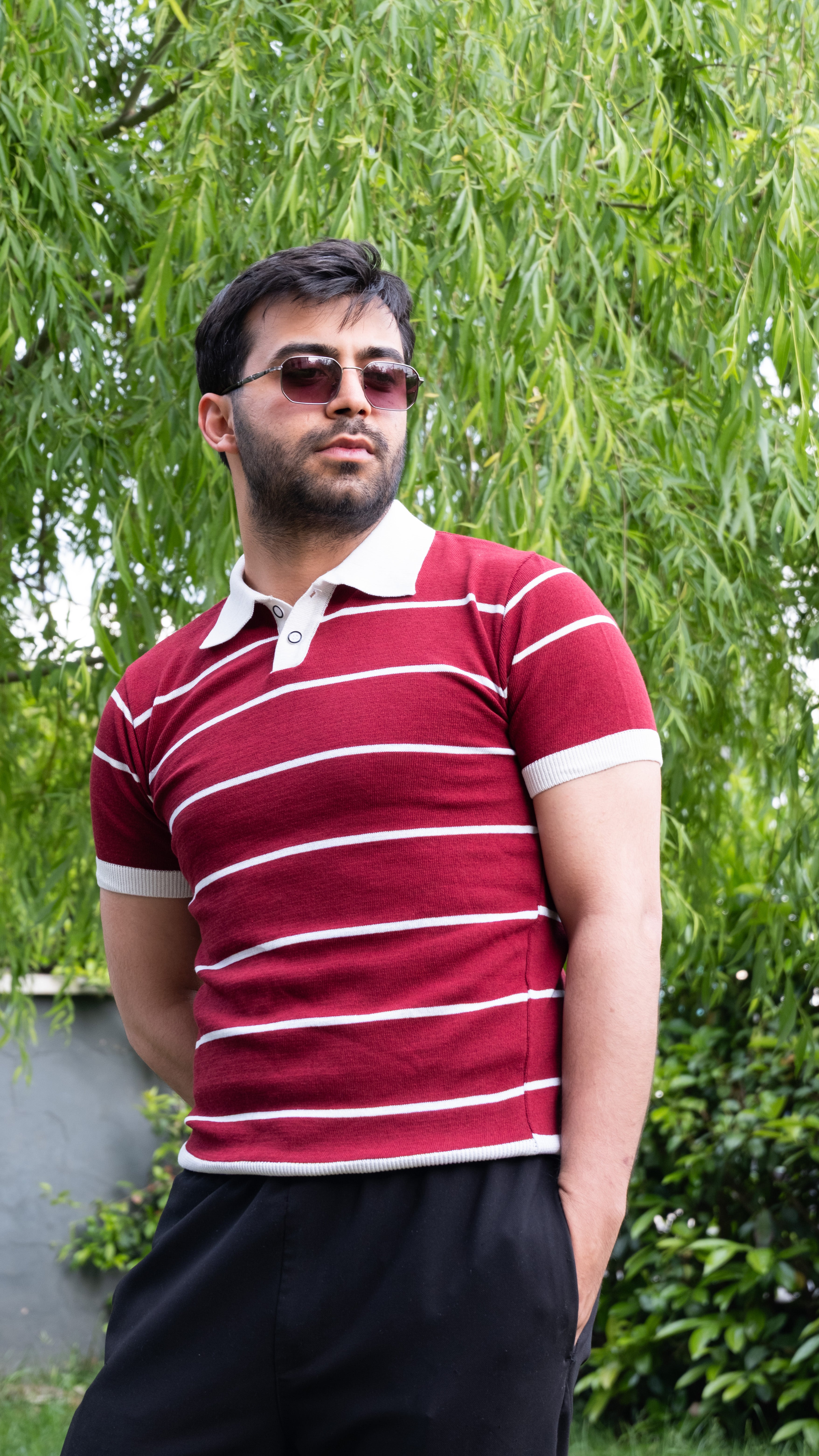 Erkek Çizgili Polo Yaka T-Shirt Slim Fit Pamuklu Günlük & Smart Casual (Kırmızı)