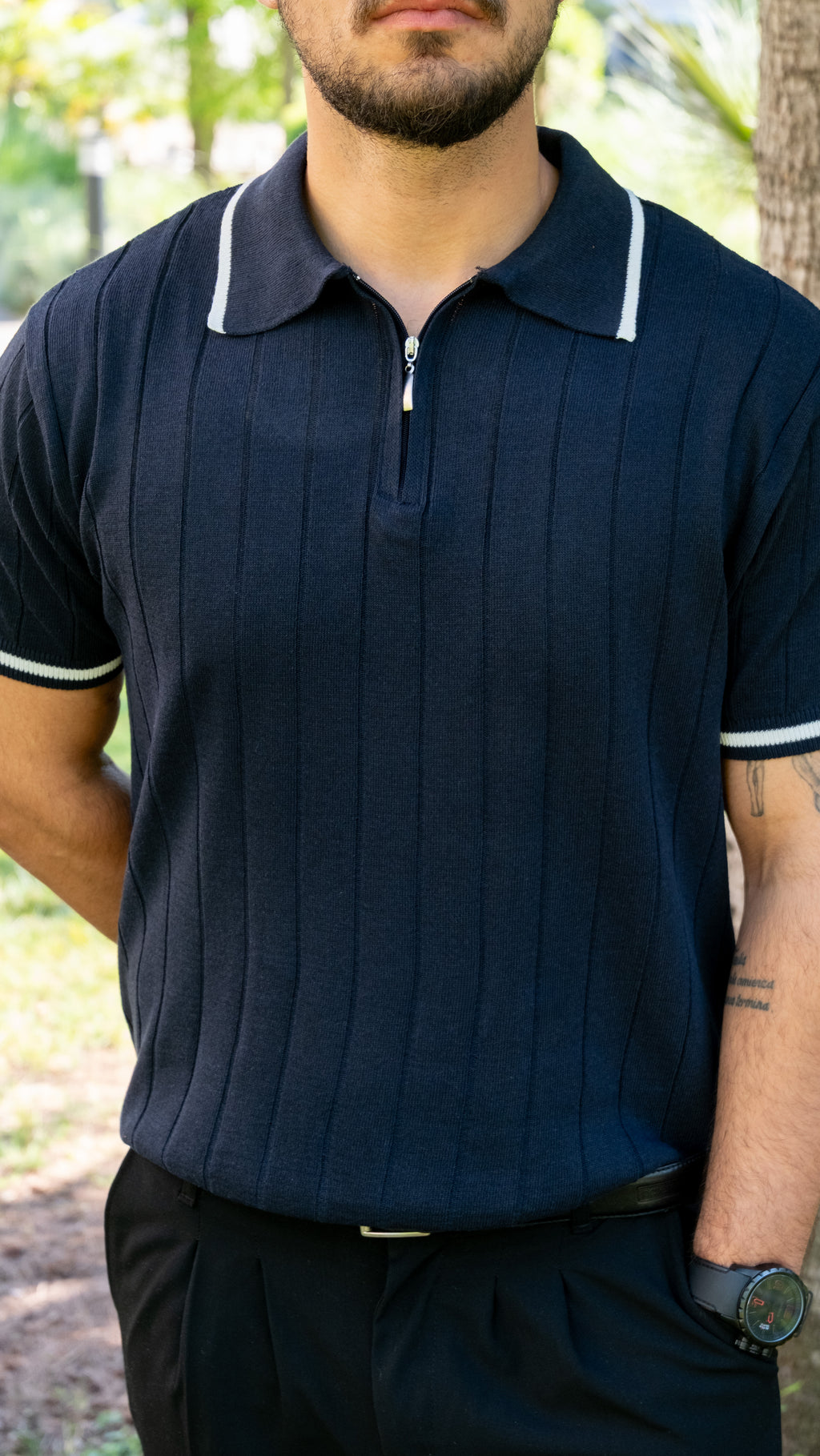 Erkek Polo Yaka Fermuar Detaylı Örgü Triko Tshirt (Lacivert)