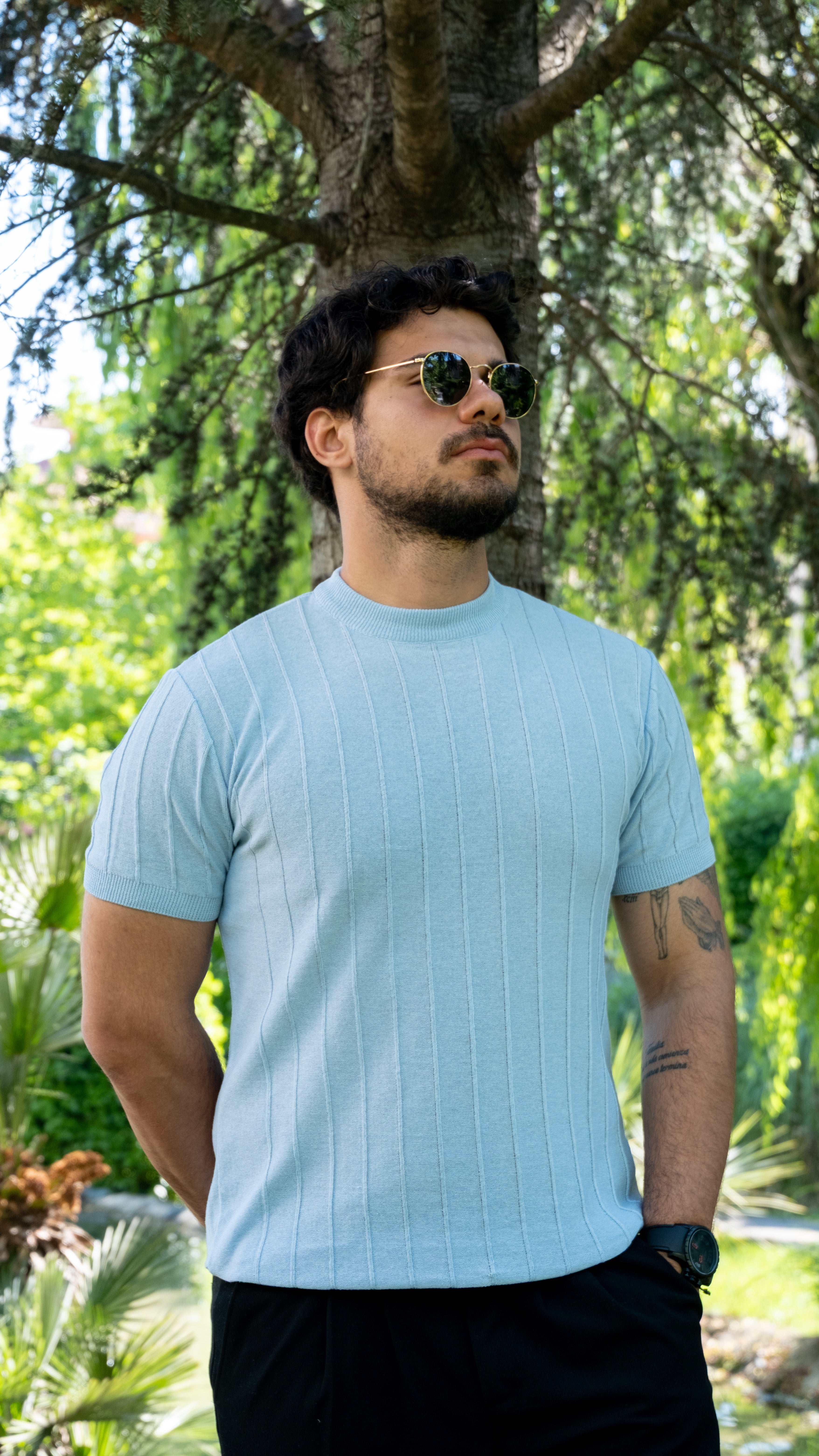 Slim Dar Bisiklet Yaka Düz Triko T-Shirt (Mavi)