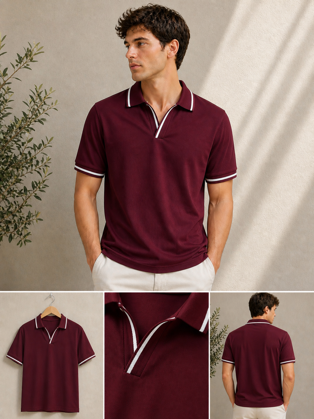 Erkek Polo Yaka Tişört Seti Oversize V Yaka Biyeli Basic Model