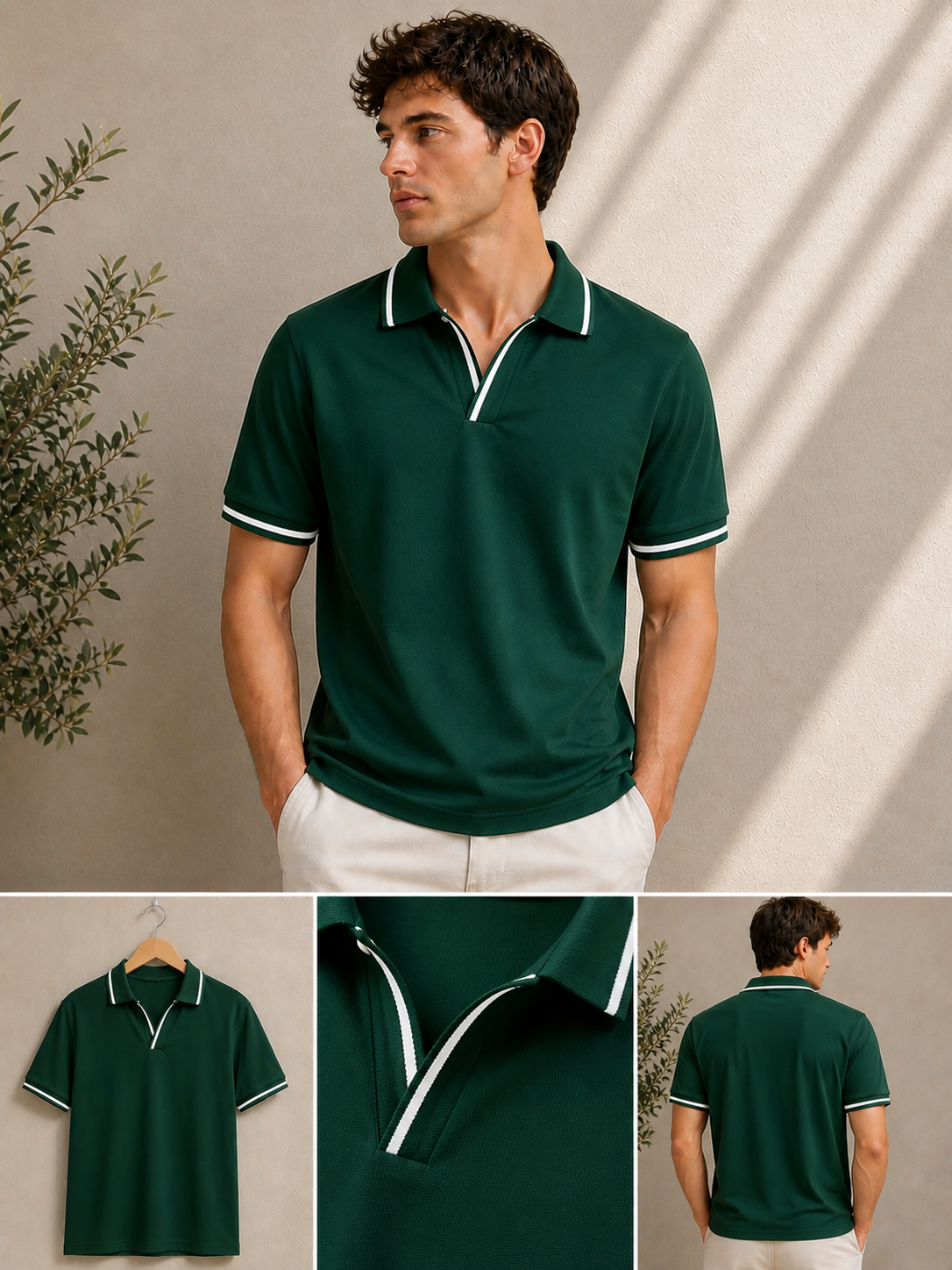 Erkek Polo Yaka Tişört Seti Oversize V Yaka Biyeli Basic Model