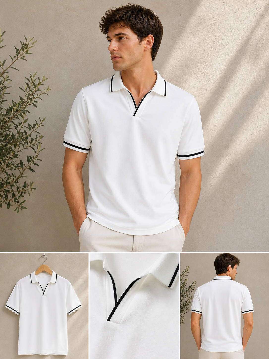 Erkek Polo Yaka Tişört Seti Oversize V Yaka Biyeli Basic Model