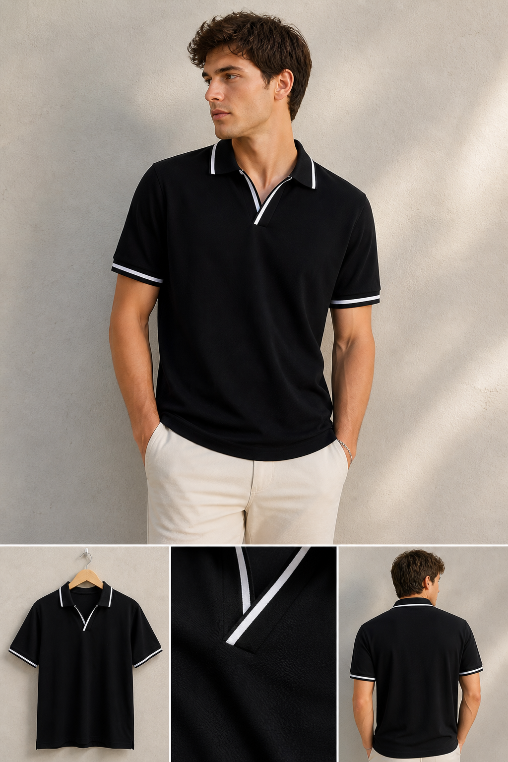 Erkek Polo Yaka Tişört Seti Oversize V Yaka Biyeli Basic Model