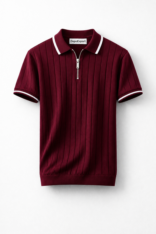 Erkek Polo Yaka Fermuarlı Detaylı Örme Triko Tshirt
